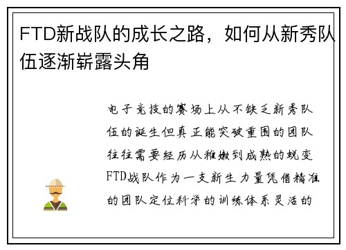 FTD新战队的成长之路，如何从新秀队伍逐渐崭露头角