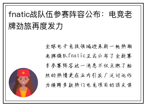 fnatic战队伍参赛阵容公布：电竞老牌劲旅再度发力