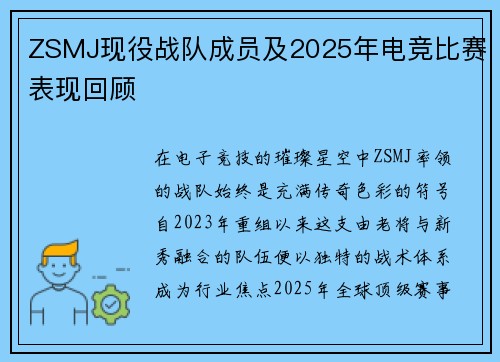 ZSMJ现役战队成员及2025年电竞比赛表现回顾